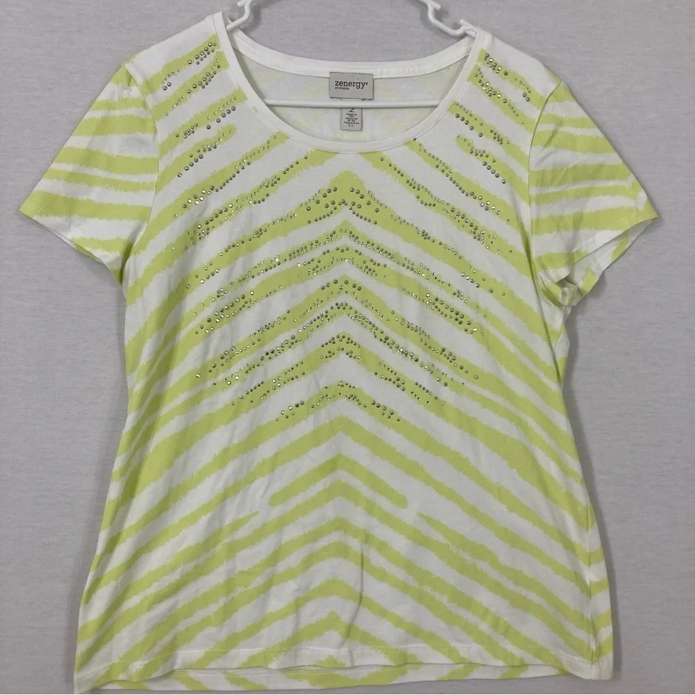 Chico's Green White Chevron Embellished Cotton Stretch Top Large